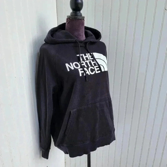 The North Face Hoodie Womens Black White Pullover Fleece Graphic Logo Pockets L - Picture 2 of 10